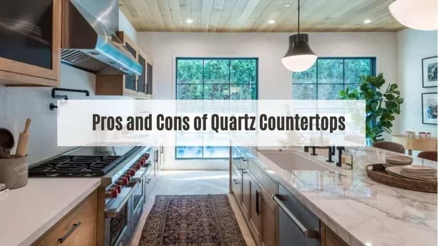 Modern kitchen with a quartz countertop, illustrating an article about its pros and cons.