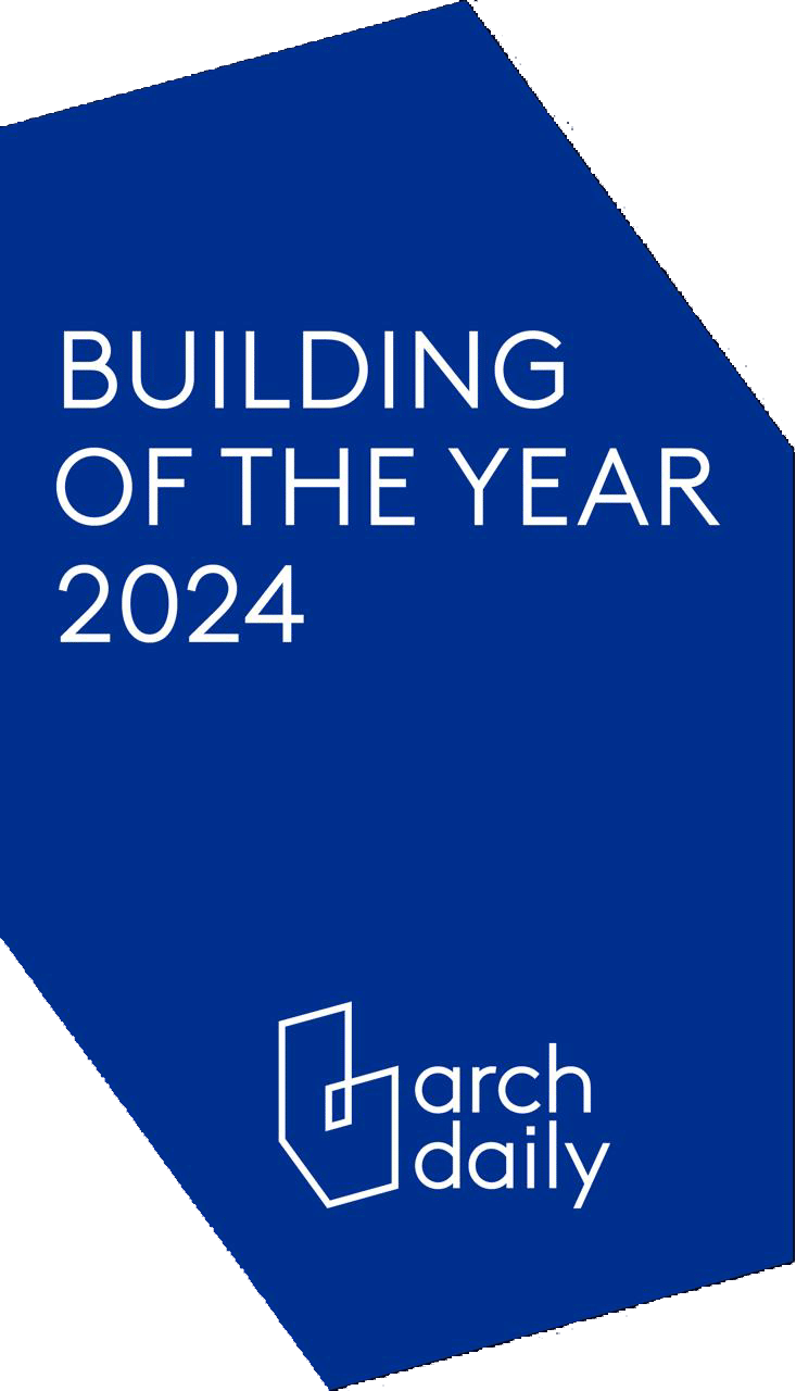 ArchDaily Building of the Year 2024 award logo on a blue background.